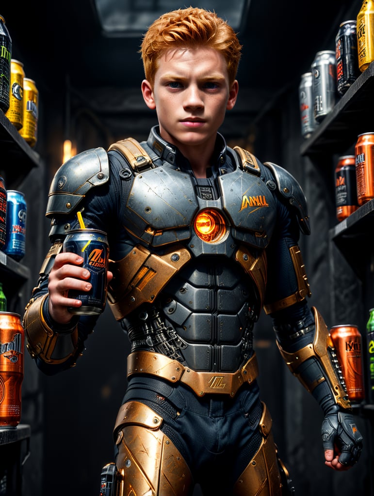 Ginger boy with metal braces and energy drink, full body, original art