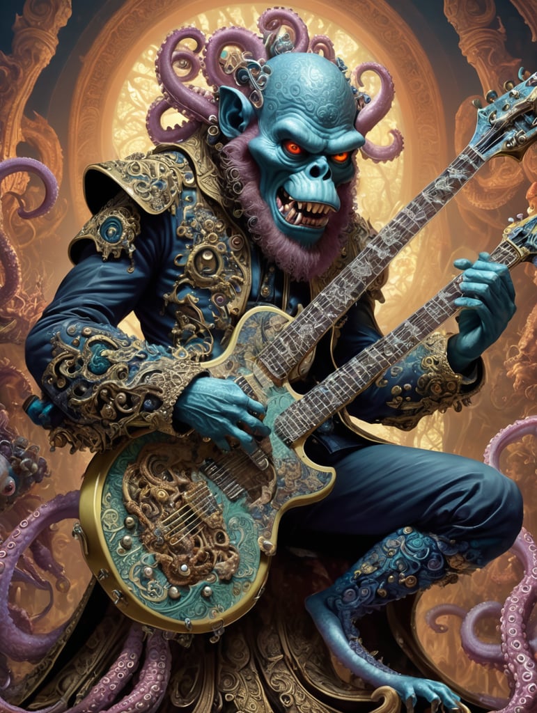 monkey octopus demon playing a heavy metal guitar, made of fractal LSD and rococo DMT, in the style of iconic album covers, style of Robert Williams, Nychos, artofsickness666, extremely detailed, insanely detailed and intricate, hypermaximalist, high detail, concept art