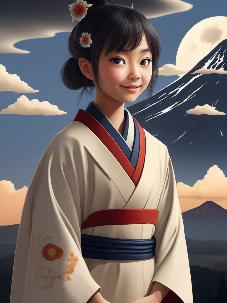 A cute and smiling Japanese girl in a kimono, Mount Fuji, clouds and Moon is in the background in the distance. Miyazaki japan cartoon style details. clear, sharp and colorful high-resolution picture.