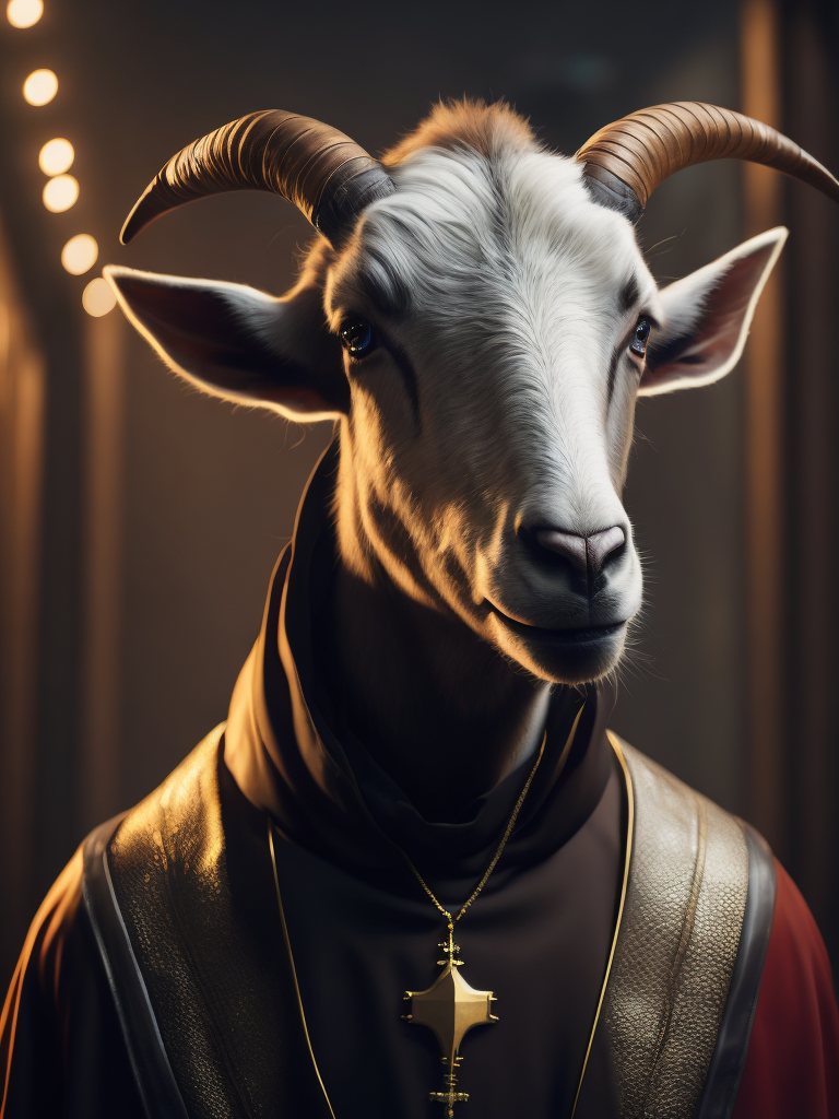 Portrait of a goat's head wearing a catholic pope's dress, cinematic lighting, cyberpunk, octane render, color grading, shot on 35 mm lense, depth of field, dof, tilt blur, shutter speed, white balance, super resolution, hdr, megapixel, pro photo rgb, halfrear lighting, backlight, natural lighting, incandescent, optical fiber, moody lighting, global illumination, path tracing, studio lighting, soft lighting, -ray tracing --diffraction grading --chromatic aberration --gb displacement --ambient occlusion --txaa --post processing -- cell shading --tone mapping --cgi --vfx--insanely detailed and intricate