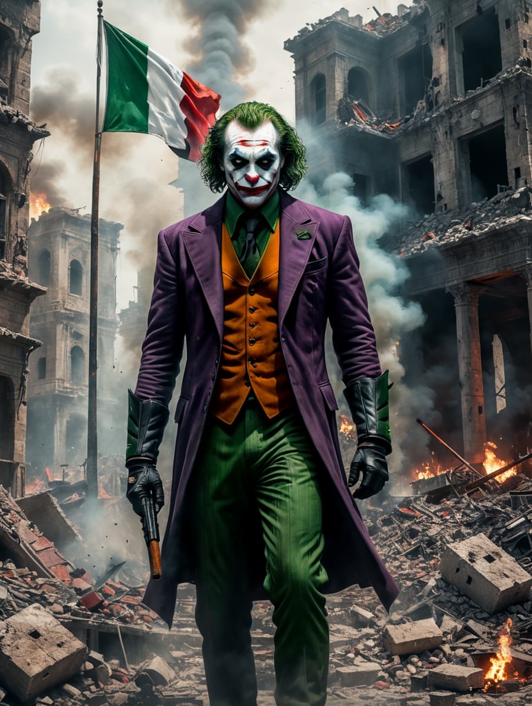 Joker Solidarity with Palestine, City Ruins, Palestinian Flag, Smoke and Destruction, Cinematic, epic detail, tracing detail