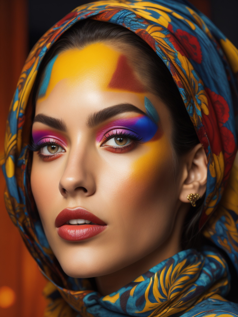 Portrait of Elizabeth Tabish, bright and saturated colors, elegant, highly detailed, vogue, fashion magazine, sharp focus, bright expressive makeup, dramatic lighting, depth of field, incredibly high detailed, blurred background