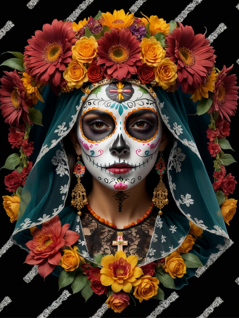 Isolated logo cutout of a dia de los muertos, Mexican girl portrait wearing veil over her head with a crown of flowers praying with a crucifix wrap in her hand carnival mask of the day of the dead