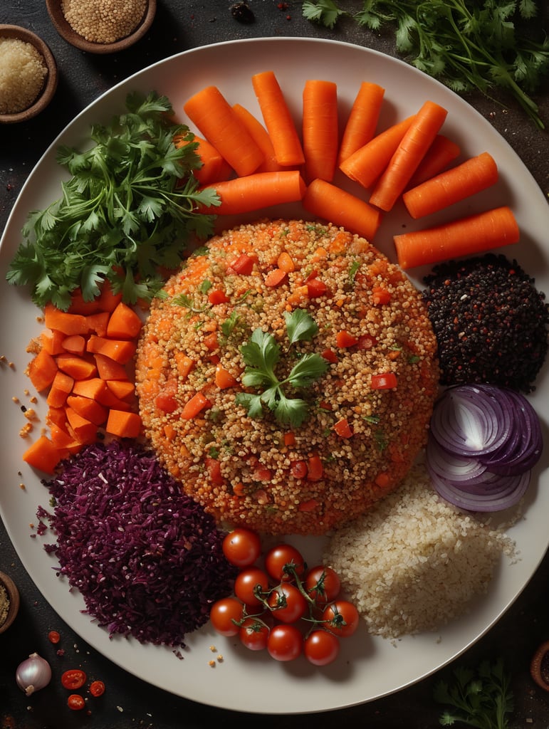 top view of a plate with quinoa with Dried Vegetables (Carrots, Onions, Tomatoes), Garlic, Parsley, and spices