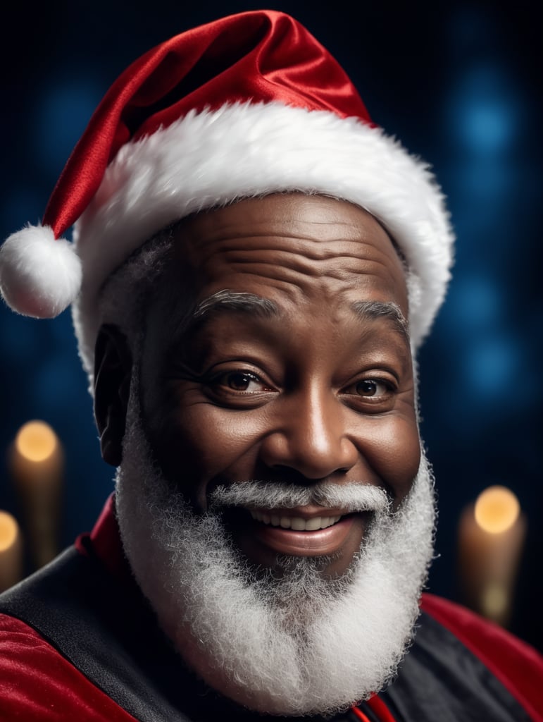 Portrait of a black Santa Claus smiling, whimsical facial expression, flowing white beard, jolly caricature, saturated colors, red outfit, sharp focus, portrait photography, depth of field, dramatic candlelit lighting, incredibly high detailed, blue background, blurred background,