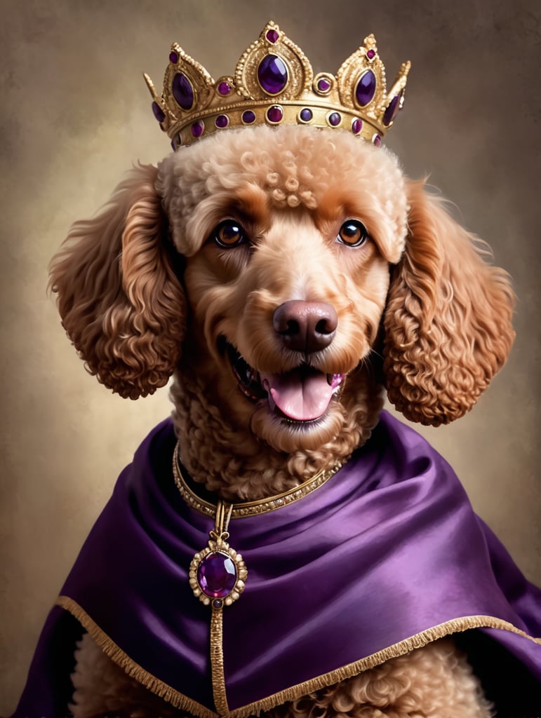 happy standard merele colored poodle smiling brown eyes royal dark purple cloak crown painted in Raphael style renaissance art brush strokes darker lighting dog portrait