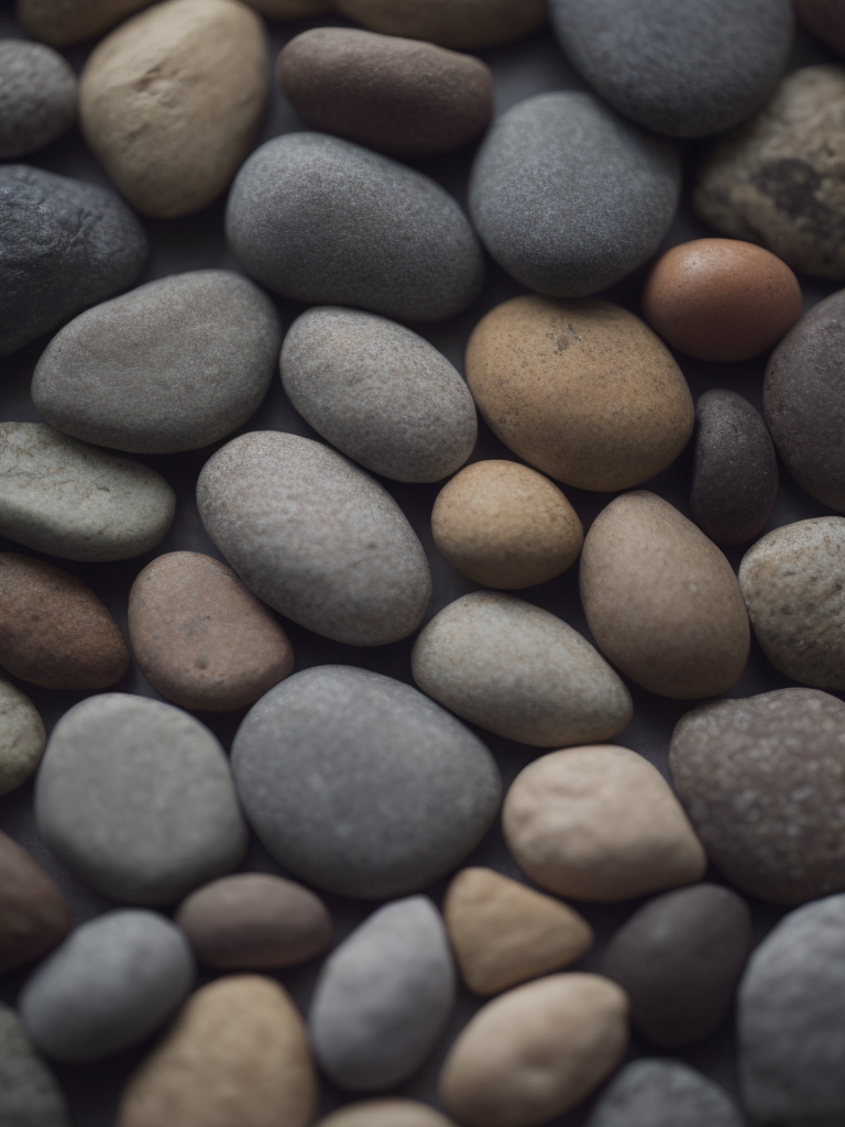 Texture of stones, pattern, background, top view, organic texture, seamless texture, scattered stones, gray and brown colors, deep colors, contrast lighting, voluminous stones, stones lie on top of each other, closely stacked stones
