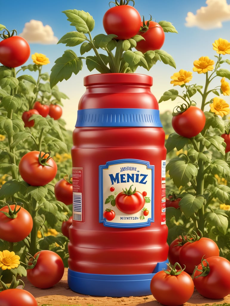 several red tomatoes stacked together forming a Heinz ketchup bottle with some leaves around it, beautiful tomato plantation in the background and a blue sky, short grass and yellow flower + yellow flowers + creamy light + ambient lighting + very beautiful colors