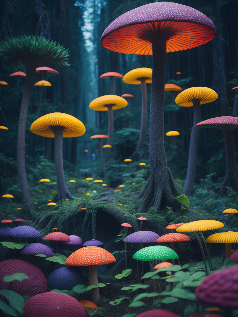 nature, high resolution, very detailed, crowded aliens, weird plants , unrealistic trees, trippy, big colored mushrooms, hallucination, bright colors, surrealism