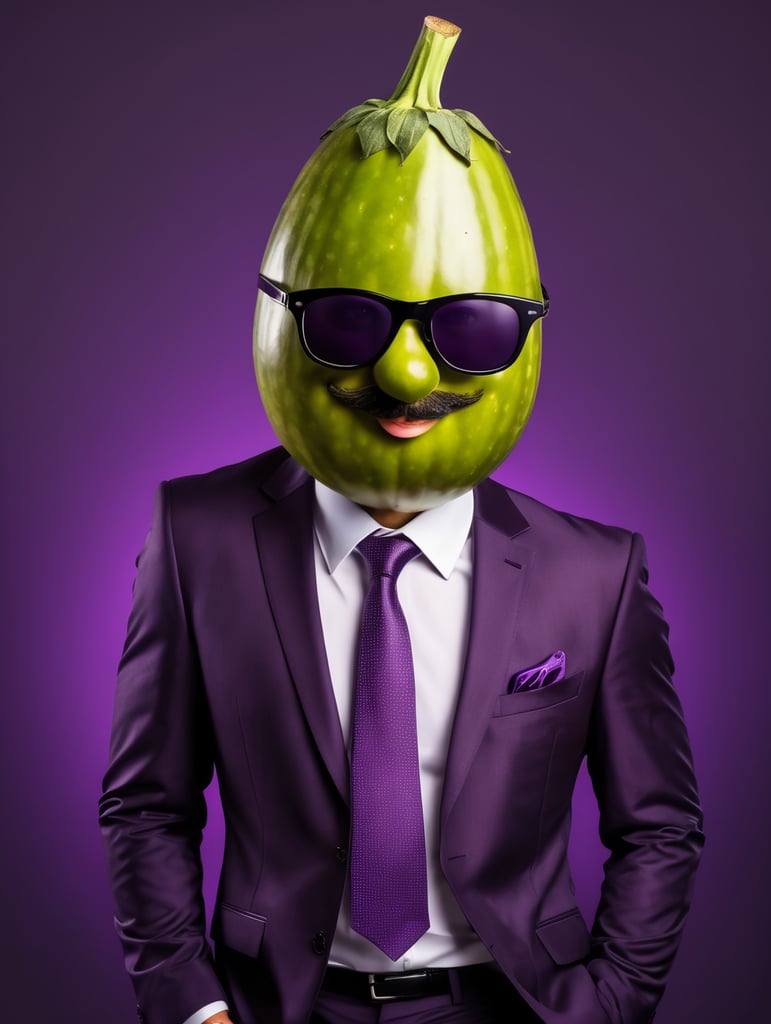 A man in a business suit with a eggplant for a head, dark purple background, sunglasses, isolated