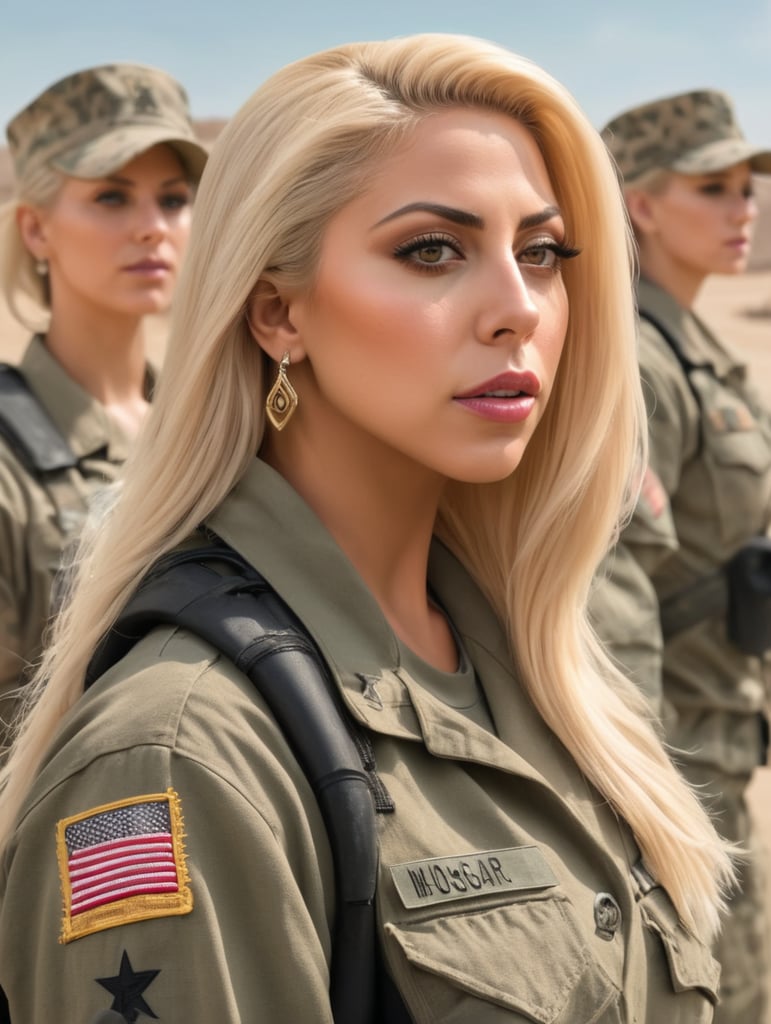 Beautiful Lady Gaga blonde hair in a desert military base with group of Military wives hd hdr photorealistic