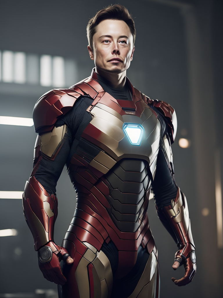 Elon Musk in the Iron Man suit from the Marvel Universe, Full body, high definition, photography, cinematic, detailed character portrait, detailed and intricate environment,