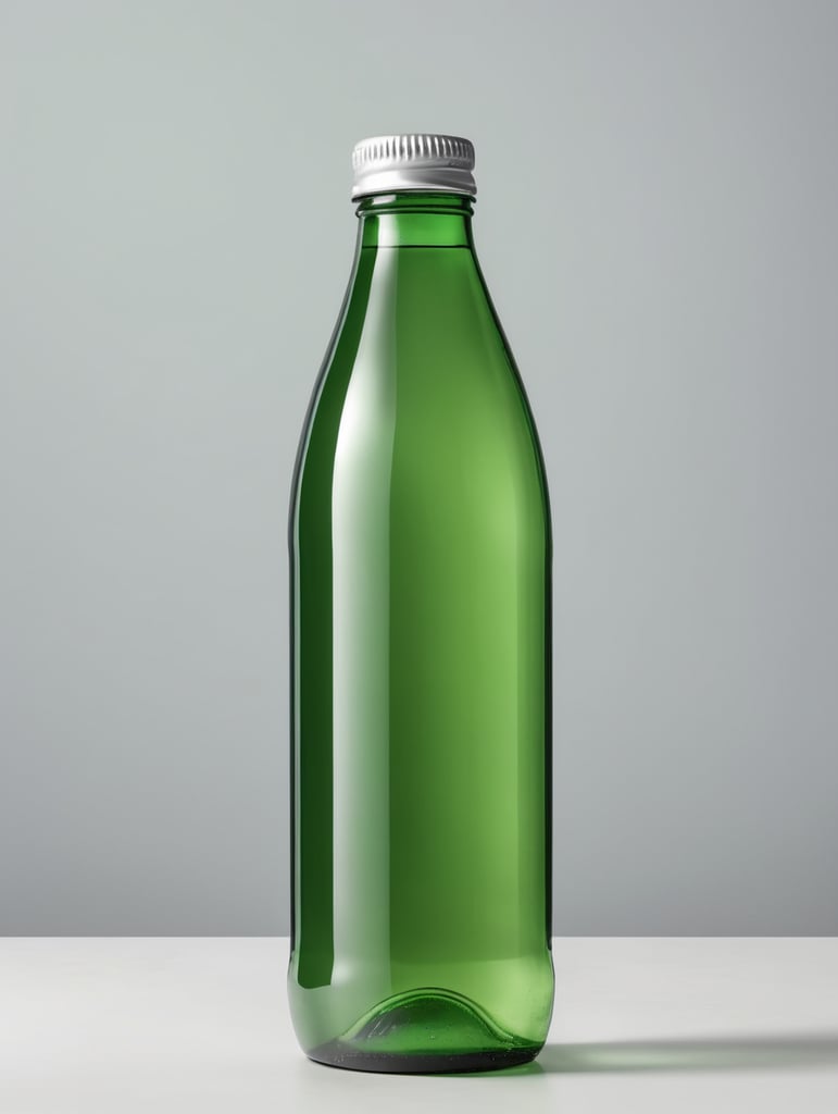 Green glass bottle with mineral water mockup, no label, isolated, grey background