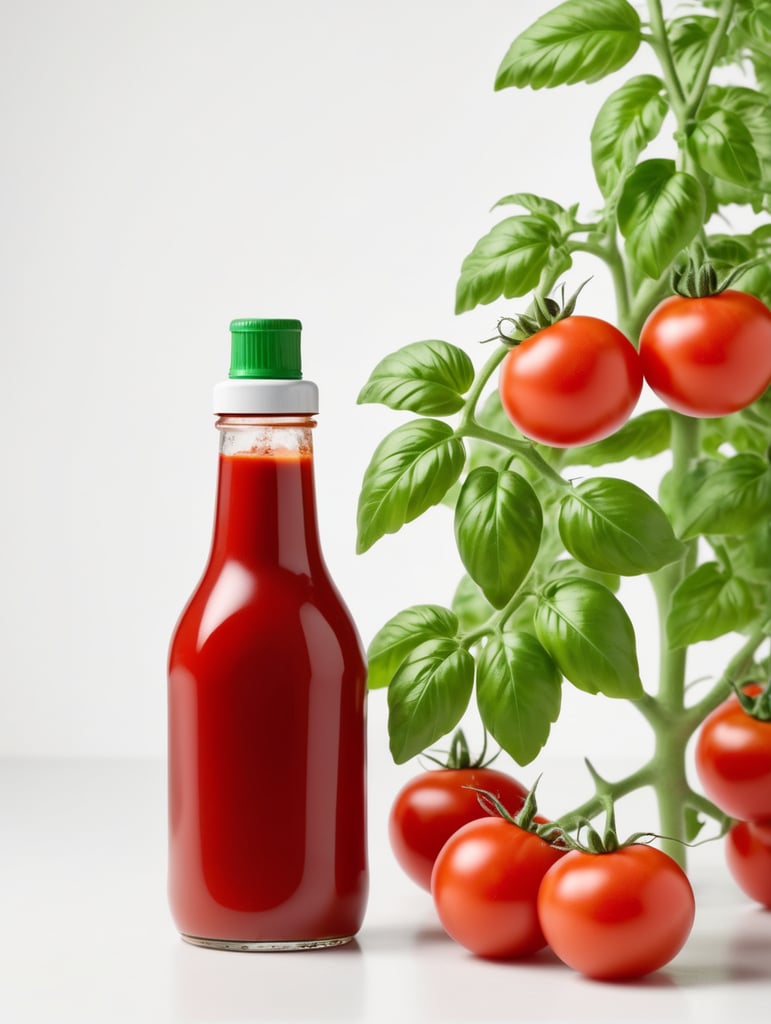 tomato ketchup bottle, red tomato with green leaves, isolated, white background