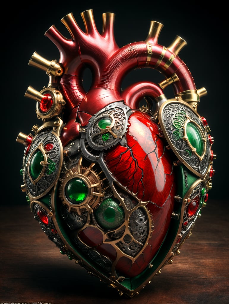 human heart made by a skilled craftsman in medieval steampunk style with red and green color add keffieh palestinien