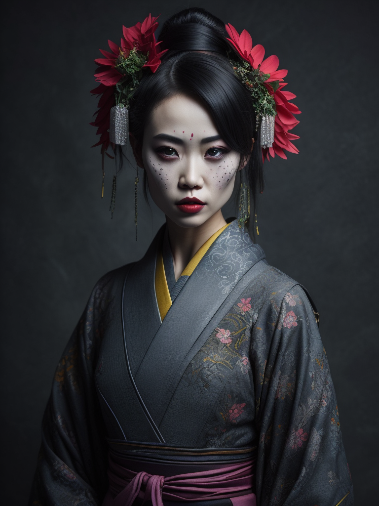 Portrait art of undead geisha, detailed, intricate, full of colour, cinematic lighting, focused, extreme details, cinematic, masterpiece