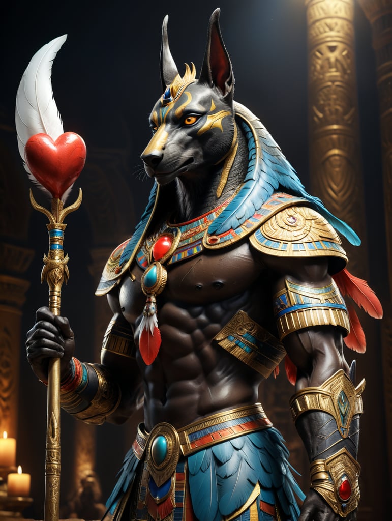 ultra-detailed, egypt god anubis, he is holding a heart in one hand and a feather in the other