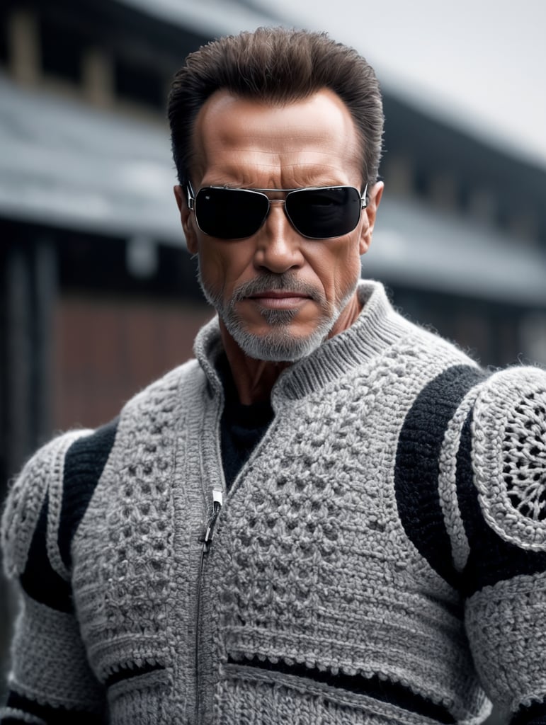 a terminator t-800 wearing very hirsute crocheted sweaters for sheeple, portrait