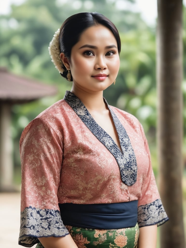 An Indonesian woman is slightly fat, chubby cheeks, flat nose, Slightly oval face shape,wearing a kebaya,No make up, white skin, wearing a batik skirt