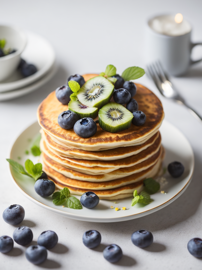 Pancakes with blueberry and kiwi decorated with chamomile flowers, bright atmosphere, Provence, Depth of field, Incredibly high detailed