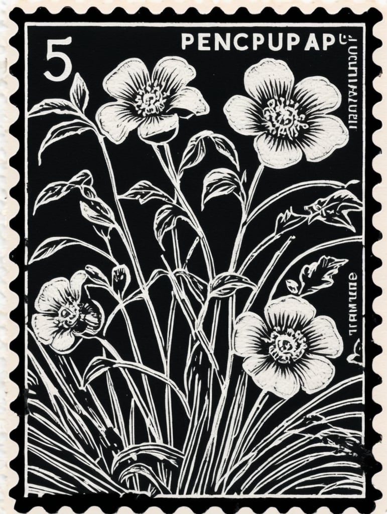 Black and white linocut postage stamp pepper garden thick bold dark lines