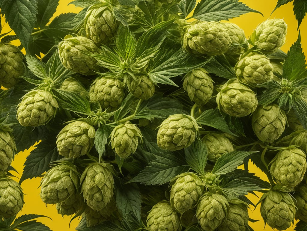 Cannabis and hops wrapping around each other, yellow background, bright and saturated colors, elegant, highly detailed, sharp focus, dramatic lighting, incredibly high detailed