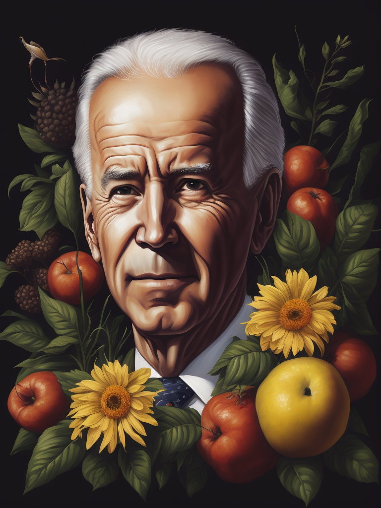 a painting of Joe Biden head surrounded by flowers and fruit, Painting, Oil, Still Life, Botanical, Italy, style of Giuseppe Arcimboldo