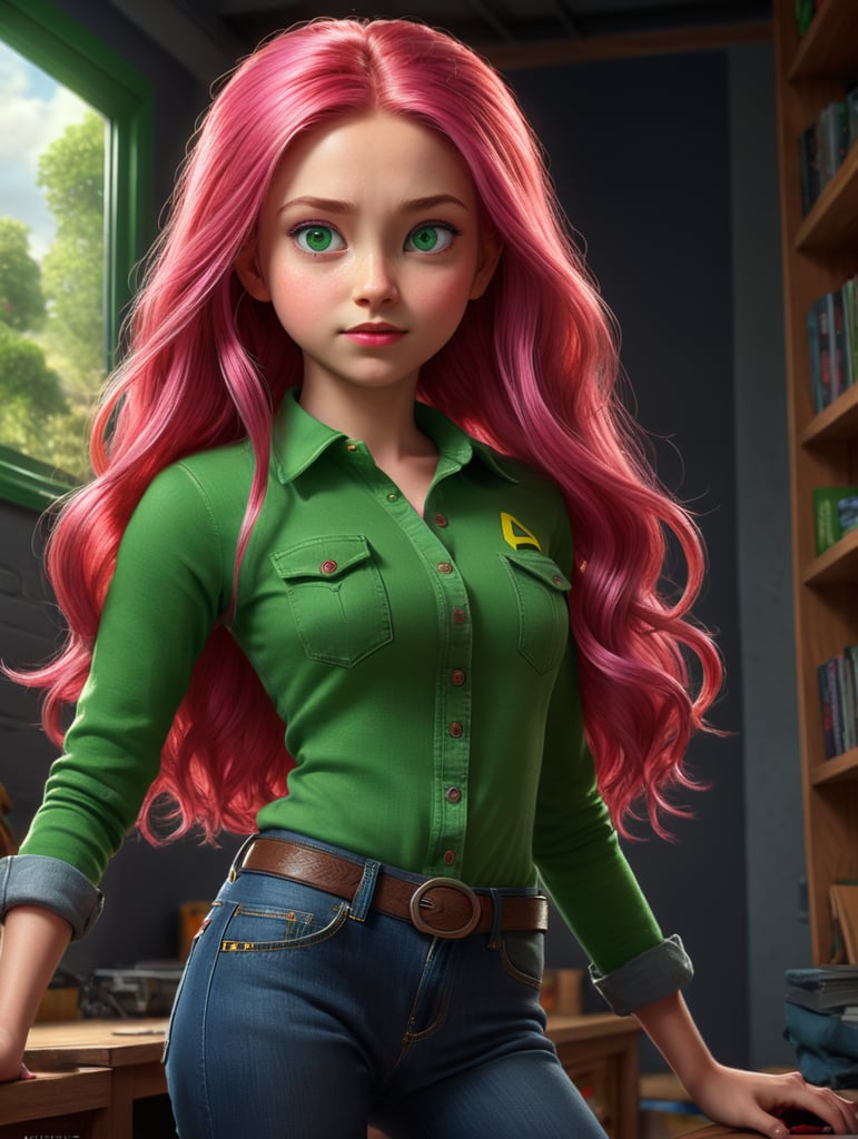 3D pixar poster, a girl with a long pink hair, green eyes wearing red shirt and jeans