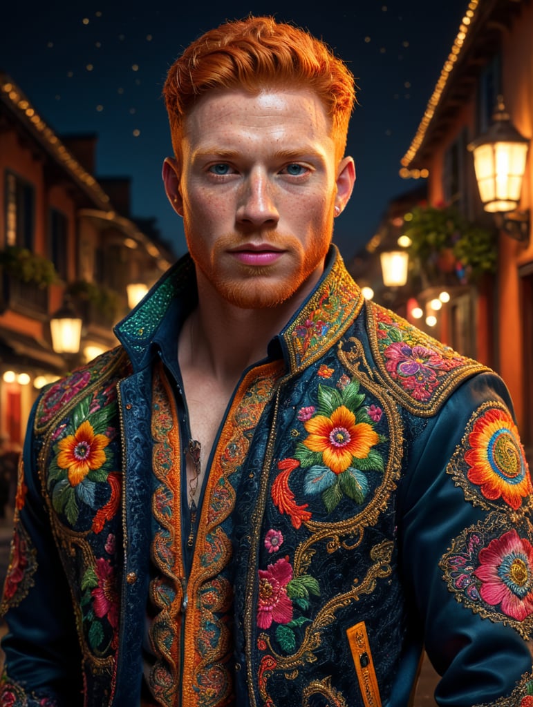 Beautiful ginger man with freckles, wearing a colorful, vibrant, detailed embroidered jacket, medium-full shot, at night