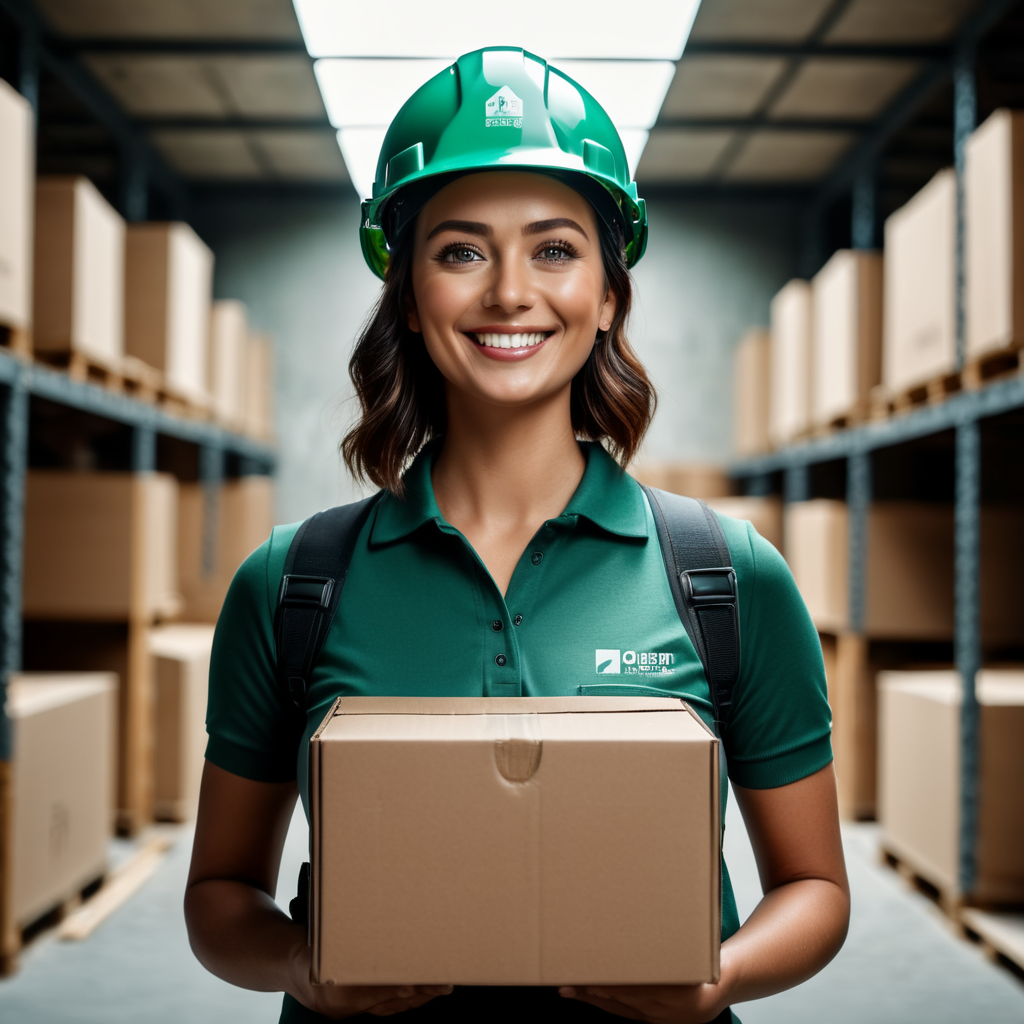 happy worker using construction helmet, polo tshirt color #FDB813, with a box on her hands smiling, green eyes, white background