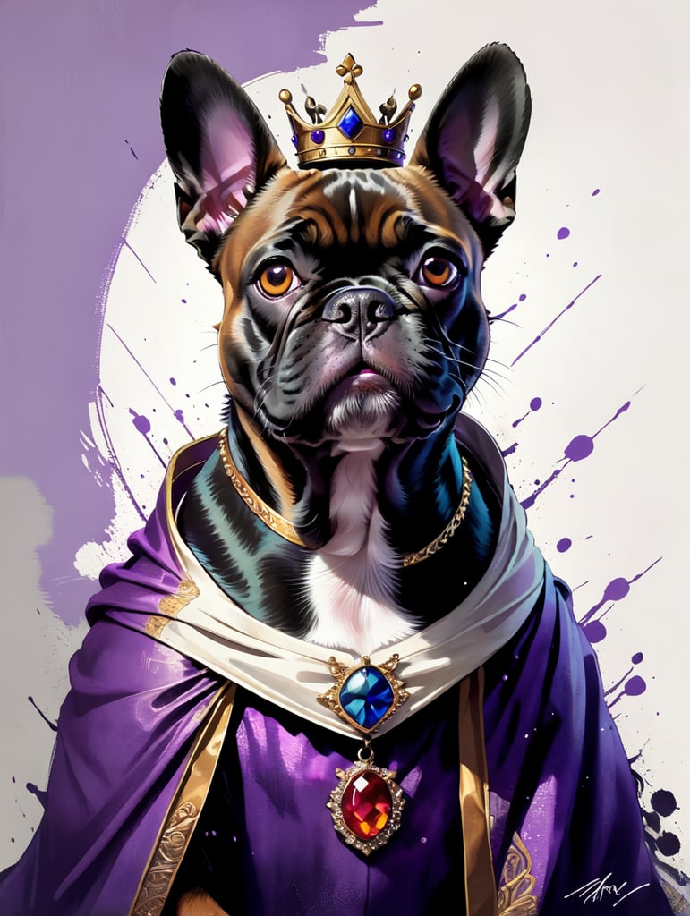 A black smiling French bulldog, a white chest, and brown eyes in a royal purple cloak, wearing a crown painted in the style of a Raphael portrait