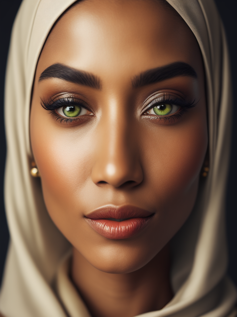 Portrait of hijab green eyes woman, white skin, brown oval eyebrows, smiling, bright and saturated colors, elegant, highly detailed, vogue, fashion magazine, sharp focus, bright expressive makeup, dramatic lighting, depth of field, incredibly high detailed, blurred background