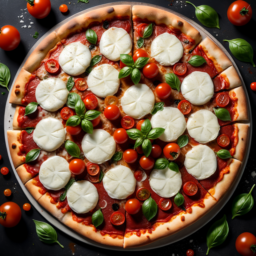 Photorealistic photo of a pizza, point of view from top, simple dressing, only 2 buffalo mozzarella slices, fresh basil, 5 small red cherry tomatoes