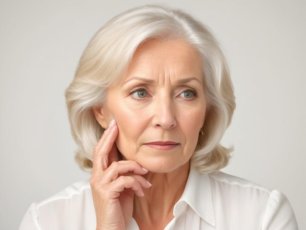 Blonde middle aged woman ponders on something keeps hand near face, white hair, white blouse, mature women, pretty old women, isolated, white background