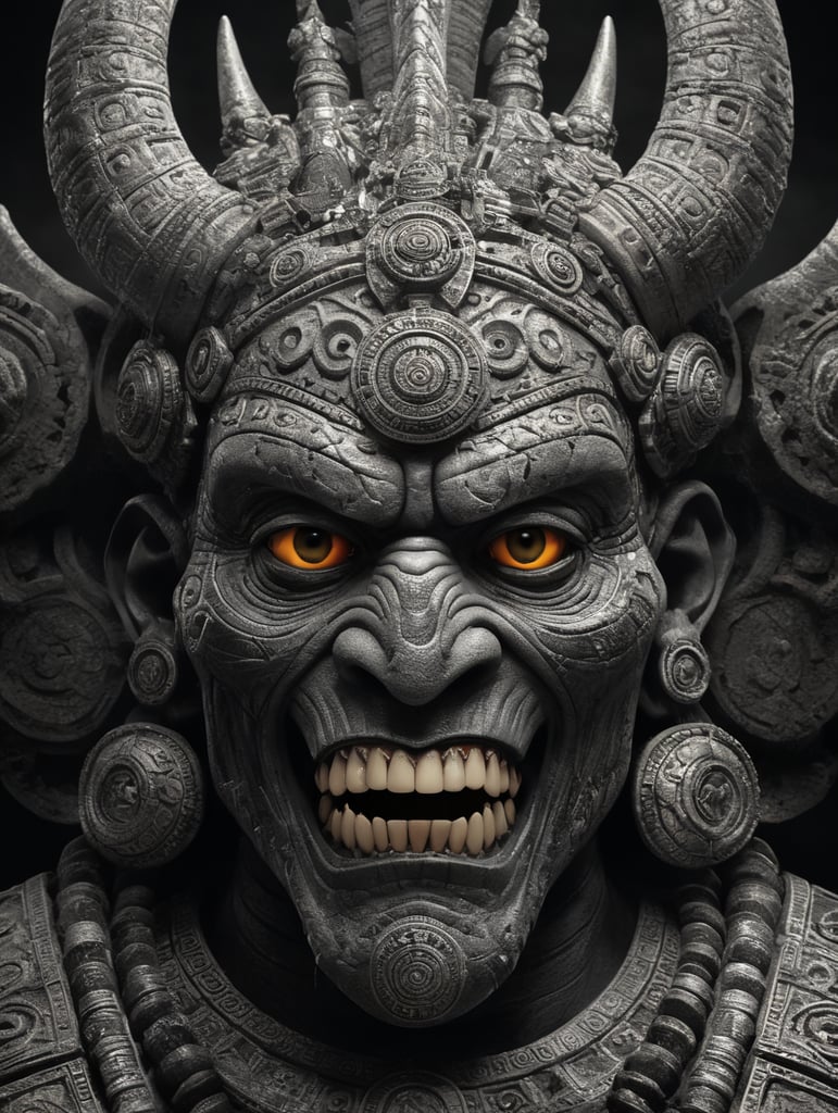 Mictlantecuhtli, the ancient Aztec god of the underworld, depicted predominantly in black and white with subtle shades of gray, Mictlantecuhtli's face represents intense rage, furrowed brows, and eyes blazing with anger. His features are sharp and clear, with deep-set eye sockets. Elongated bone structures form his skeletal appearance, emphasizing the otherworldly nature of his being. jagged teeth, stained and yellowed, protrude menacingly from the mouth, Against the backdrop of the Aztec underworld known as Mictlan.