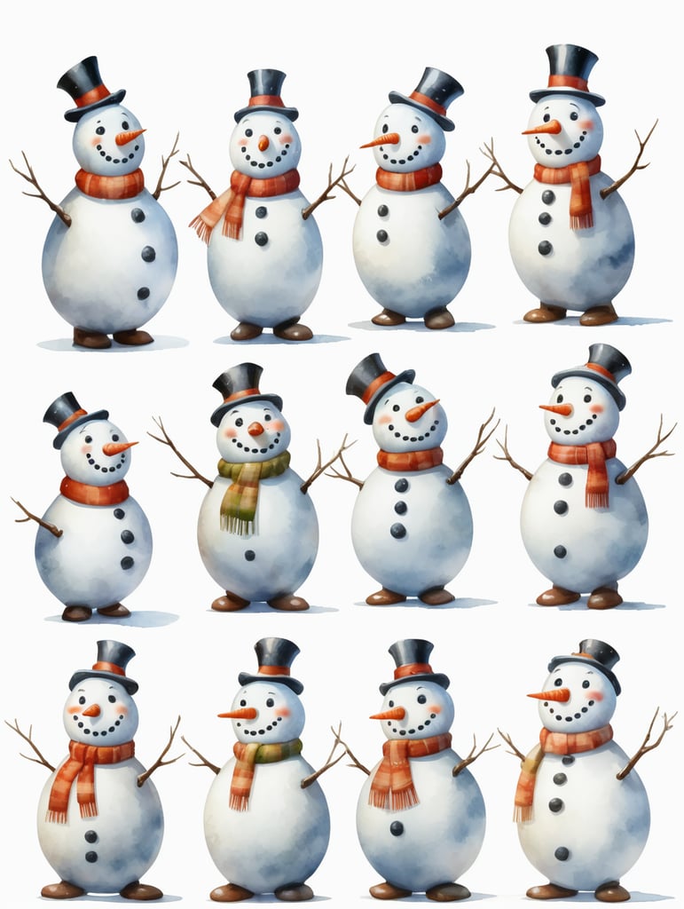 Snowman, different angles and expressions, full body only character sheets, multiple poses, white background, whimsical watercolor