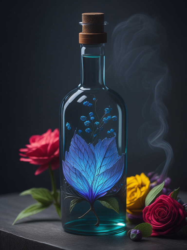 Magic elixir bottle from, carved glass, decorated with flowers and gems, fairy atmosphere, illumination, dark blue color, smoke