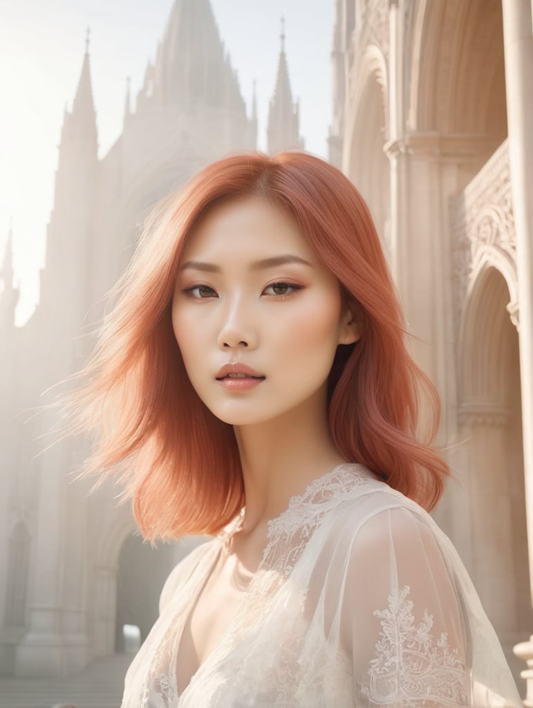 Portrait of beautiful asian fashion model with pale red hair, ethereal dreamy foggy, photoshoot by annie leibovitz, editorial fashion magazine photoshoot, fashion poses, in front of gothic cathedral architecture. kinfolk magazine. film grain. a soft smile
