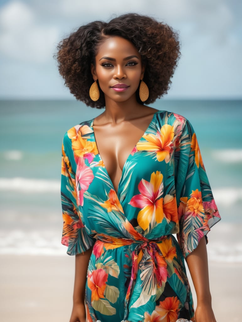 Beautiful black woman on beach in colorful tropical dress