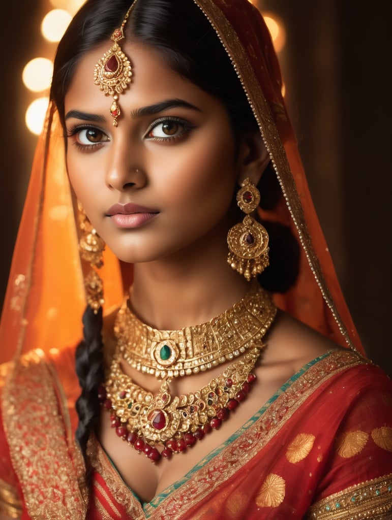 Portrait of a young, beautiful girl from India in a folk Indian dress and jewelry, Bright expressive makeup, Dramatic Lighting, Depth of field, Incredibly high detailed, bollywood