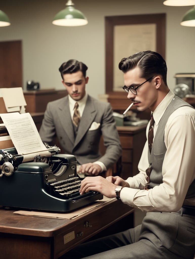 Hollywood 1940's, a young man, smoking a cigarette, is typing on a vintage typewriter in an office,