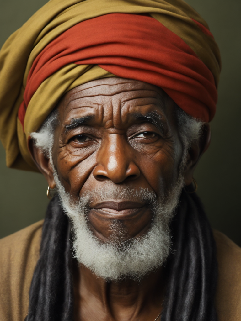 Jamaica's Old Man, portrait, realistic image, lots of details, wearing turban