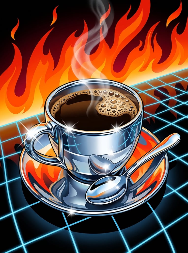 A hyper-reflective chrome teacup and saucer sits on a glossy surface mapped with a cool blue grid. The cup holds dark coffee clustered with tan bubbles, emitting a delicate wisp of white steam. A polished spoon rests on the saucer, the metallic elements gleaming with extreme specular starburst highlights and sharp, distorted reflections. Vibrant orange and red stylized flames erupt in the background, contrasting intensely against the cool surroundings. The elevated close-up perspective emphasizes a retro-futuristic airbrush illustration style characterized by crisp, saturated vector-like aesthetics.