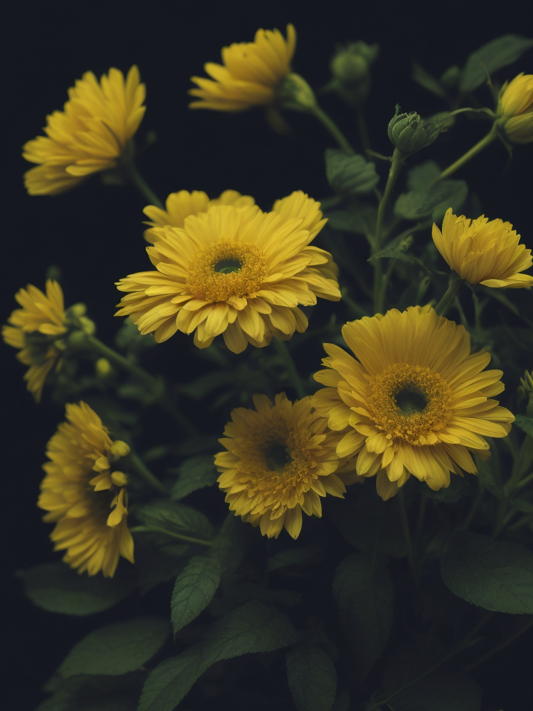 yellow flowers, dark atmosphere, deep colors, clear details