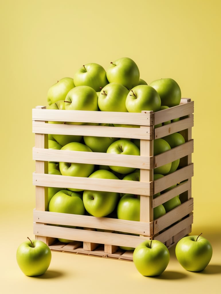 wooden crate with green apples, isolated, yellow background, mockup, mock up