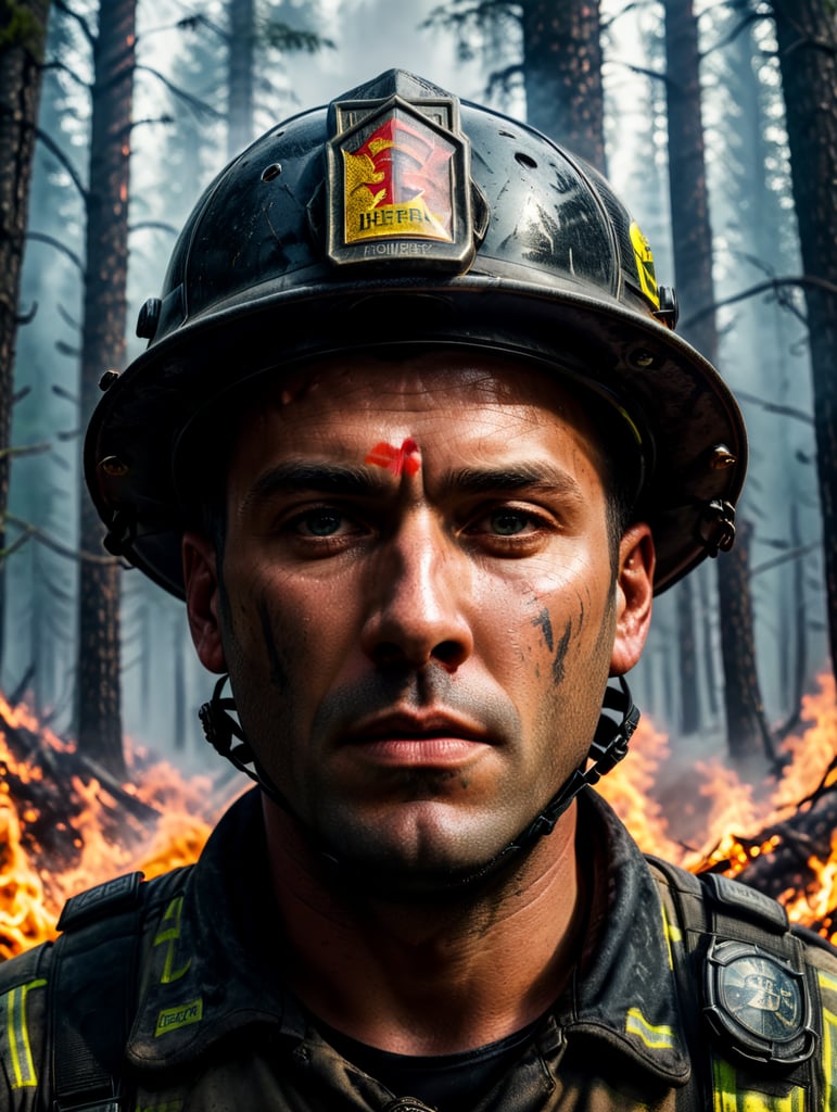 epic portrait of a Firefighter, forest fire, British Columbia Wildfire, Canada