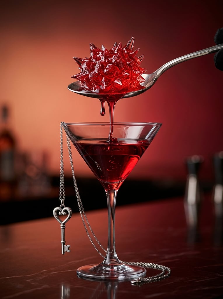 spiky translucent red mass on silver spoon, thick red syrup dripping into clear martini glass, dangling chain with silver heart key, hyper-realistic surreal still life, glossy reflections, peach to crimson gradient