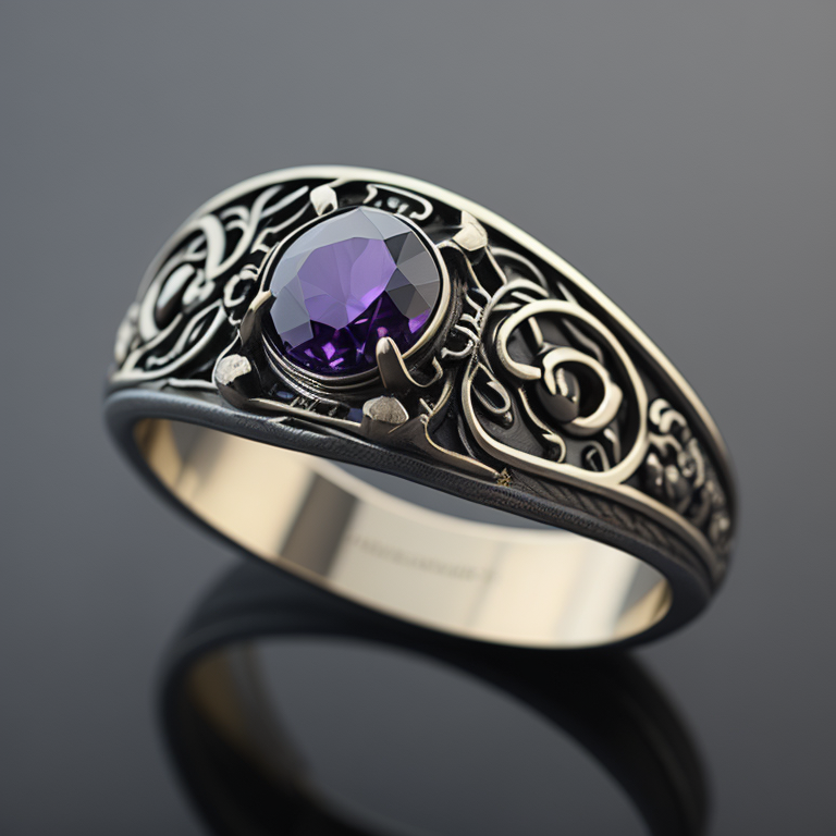 Золотое кольцо с руандийским аметистом в готическом стиле, отделка мелкими черными бриллиантами