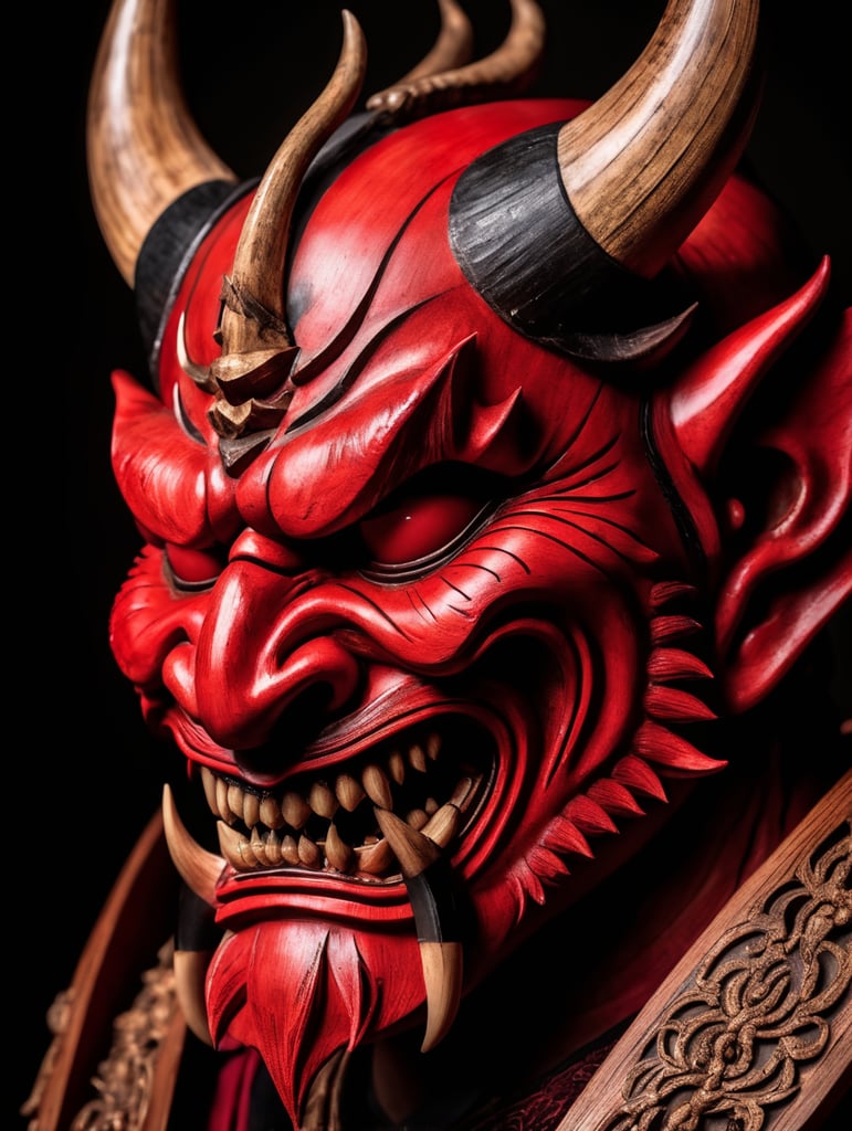 wooden red japanese demon mask with fangs and horns, black background, aggressive, Depth of field, Incredibly high detail