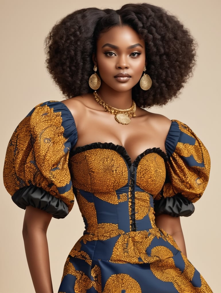 Black woman model in African prints dress, puffy sleeves, corset dress, shoulder length hair, bulky gold jewellery